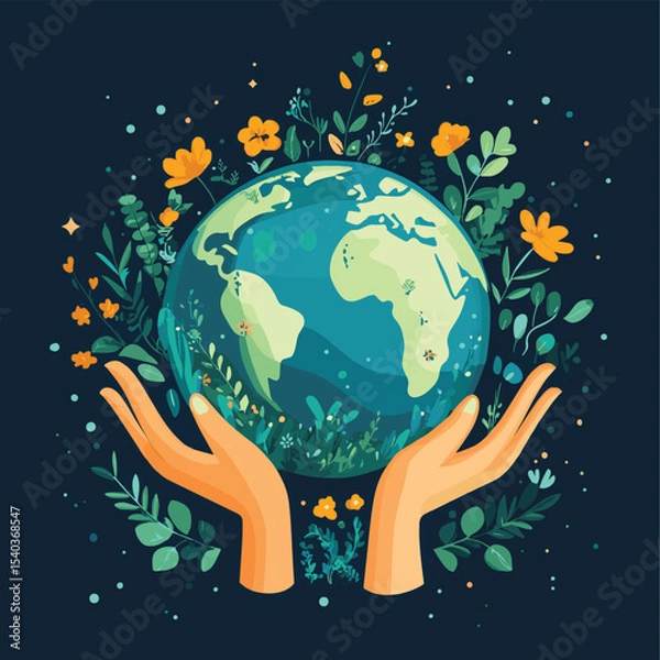 Obraz Earth Day concept with hands protecting the globe. Save our planet vector illustration for environmental conservation. Ecology, sustainability, nature care, green future, harmony
