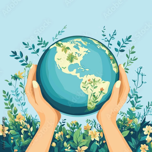 Obraz Earth Day concept with hands protecting the globe. Save our planet vector illustration for environmental conservation. Ecology, sustainability, nature care, green future, harmony