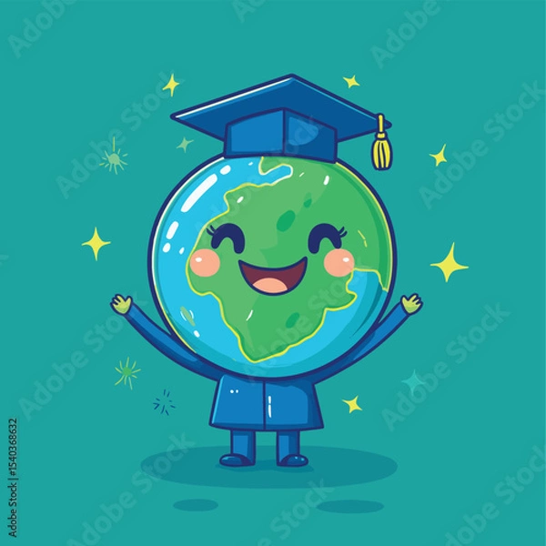 Obraz A personified planet Earth beaming with pride after graduating, vector style simple color