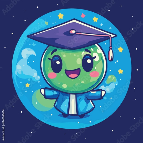 Fototapeta A personified planet Earth beaming with pride after graduating, vector style simple color