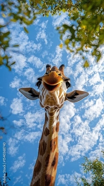 Obraz A tall giraffe stretches its long neck upward, gazing at the bright blue sky scattered with fluffy clouds. Green leaves frame the view, adding a touch of nature to the scene.