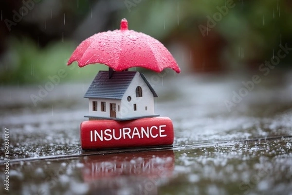 Obraz A small house is placed beneath a red umbrella, which shields it from falling raindrops. The word insurance is prominently displayed, conveying security and protection.