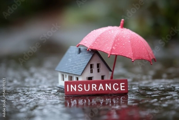 Obraz A miniature house sits on a wet surface covered in raindrops. A red umbrella stands over the house, while an insurance sign rests prominently nearby. The scene captures a metaphor for protection.