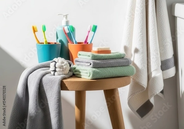 Obraz Bathroom essentials on wooden stool in bright natural light