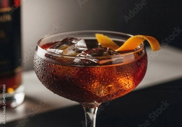 Obraz Classic cocktail garnished with orange peel ice cubes in glass