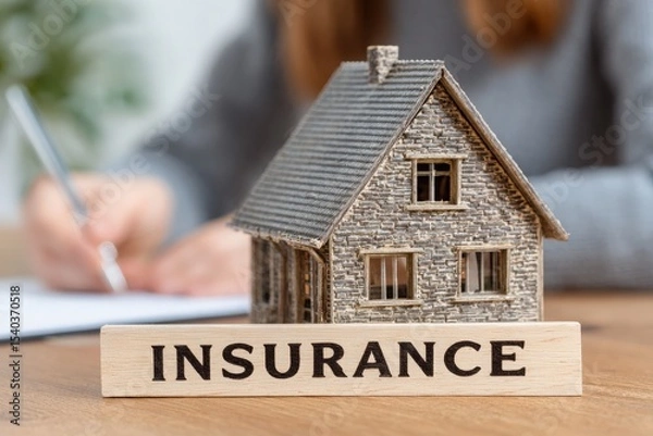 Obraz A detailed miniature house sits on a wooden table with the word insurance prominently displayed in front.