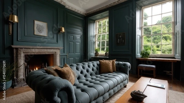 Obraz A traditional British living room deep green walls, a classic tufted sofa, brass fixtures, soft fireplace light casting