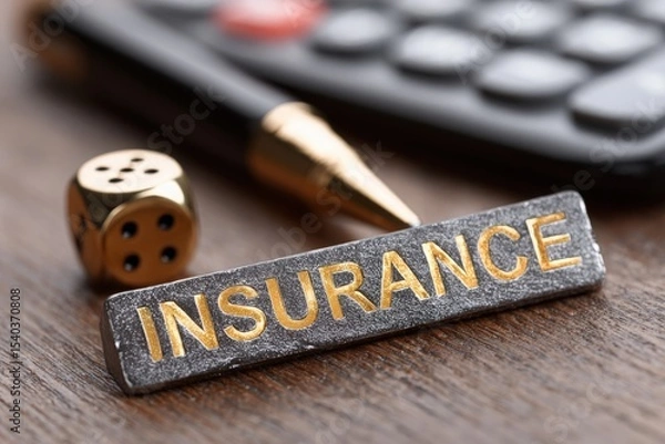 Obraz A calculator, gold pen, and dice are arranged next to an insurance plaque on wooden surface. The setting suggests a discussion on insurance options, risk management, and financial planning.