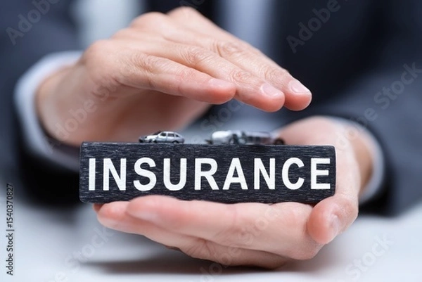 Obraz A person is shown holding a sign that reads Insurance with miniature cars placed on top. The focus is on offering protection and security for vehicles in a professional setting.