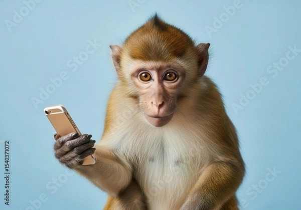 Obraz Monkey holding smartphone with curious expression