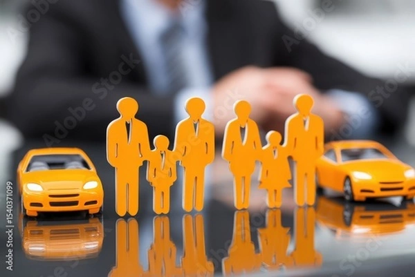 Obraz Figures representing a family stand alongside miniature cars on a reflective surface, suggesting connections between family life and automobile ownership in a modern business environment.