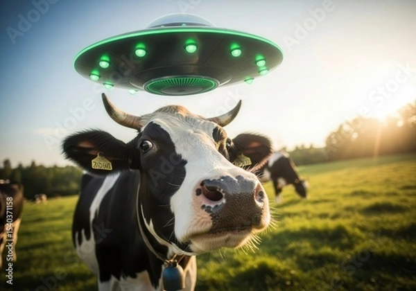 Obraz Cow encounters UFO on sunny farm field
