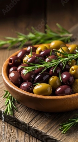 Obraz Olives with rosemary on rustic wooden table