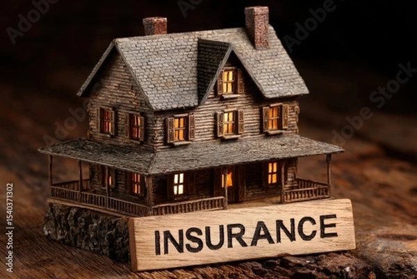 Obraz A detailed miniature wooden house is showcased on a rustic surface with warm lights glowing from its windows.