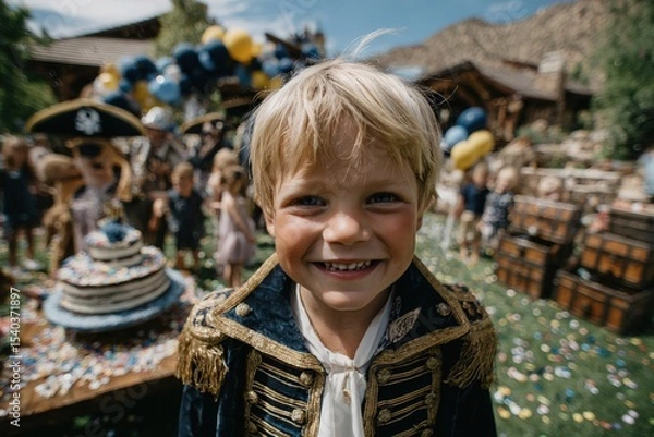 Obraz A young boy, dressed in a pirate-inspired outfit, smiles joyfully at his birthday party. Colorful balloons and decorations surround him, with friends and a cake in the background.