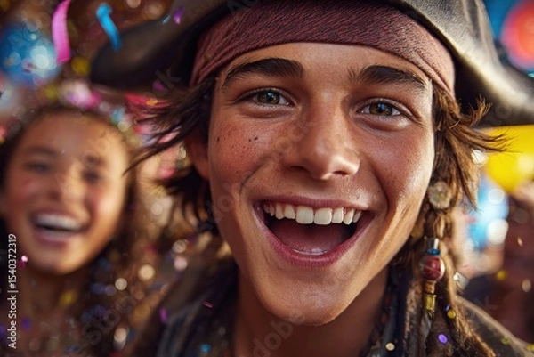Obraz A joyful boy in a pirate costume smiles broadly during a lively festival. Colorful decorations surround him, and friends are visible in the background, celebrating together in a festive atmosphere.