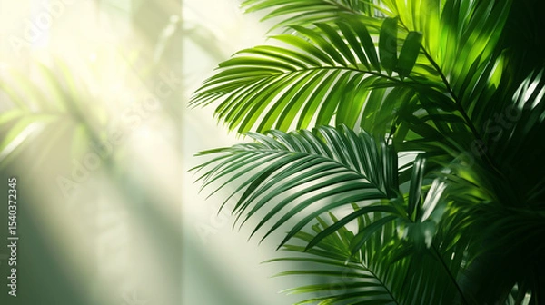 Obraz Bright sunlight softly penetrates through the window, illuminating the thick green palm leaves, creating picturesque shadows on the wall and an atmosphere of coziness.