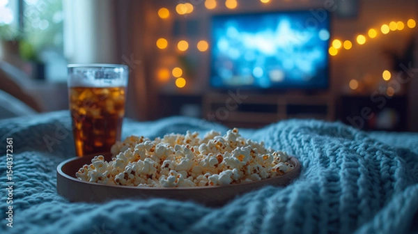 Obraz A warm evening at home: a large bowl of popcorn and a glass of soda sit on a soft knitted blanket in front of the TV.