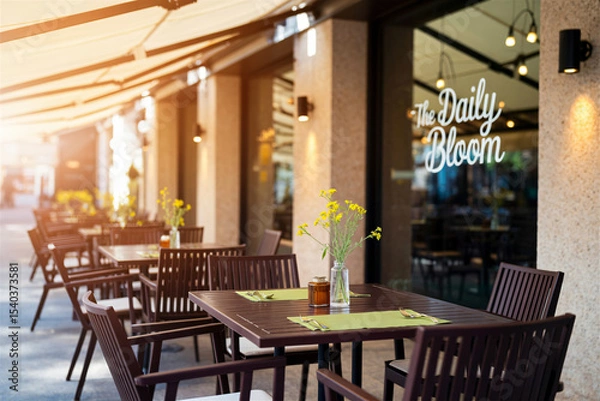 Fototapeta tranquil outdoor restaurant setting with modern canopy