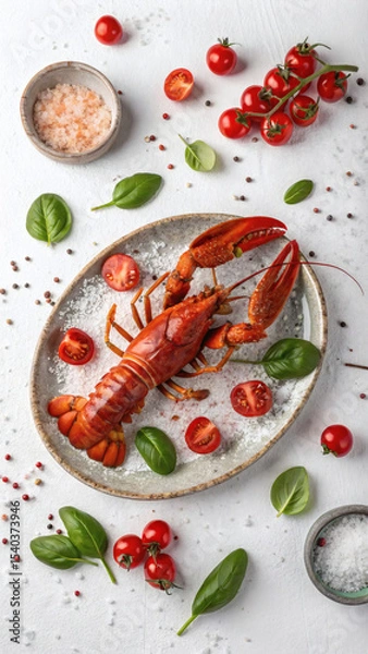 Fototapeta FlatLay of Lobster on Ceramic Plate with Tomatoes and Italian Basil
