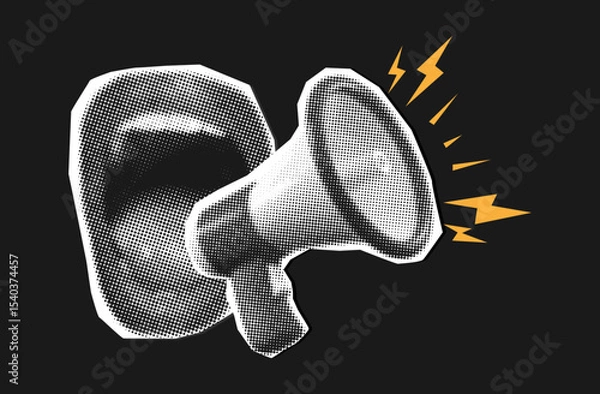 Obraz loudspeaker and open screaming female mouth in retro halftone style,paper collage element, megaphone with female lips