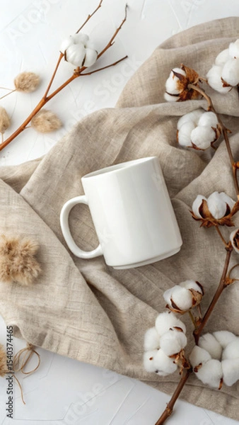 Fototapeta Minimal White Mug Mockup with Cotton Flowers on Linen Surface
