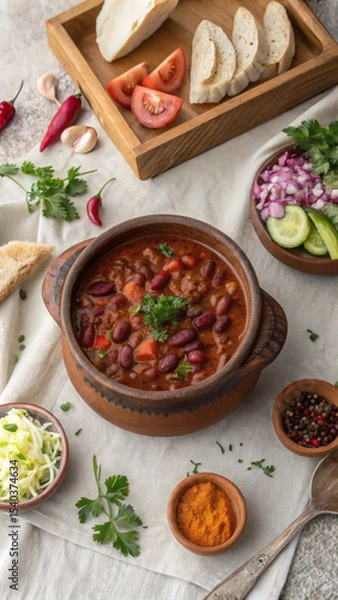 Fototapeta FlatLay of Georgian Lobio with Pickled Vegetables and Cornbread (Mchadi)
