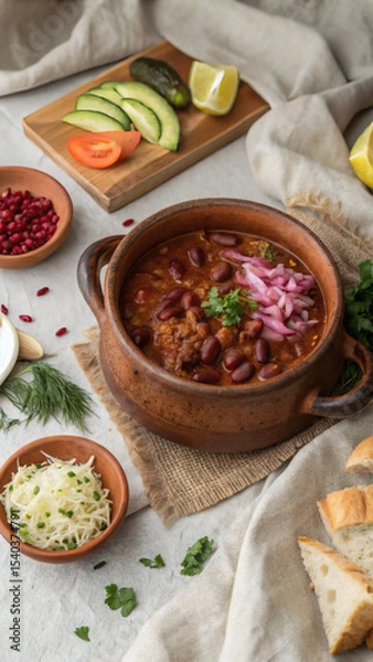 Fototapeta FlatLay of Georgian Lobio with Pickled Vegetables and Cornbread (Mchadi)
