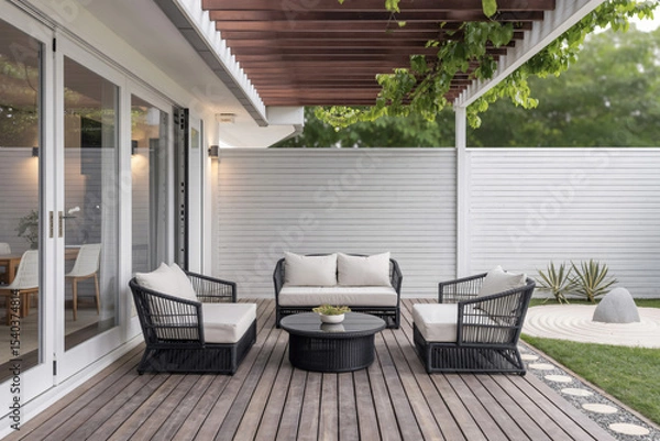 Fototapeta sleek backyard deck with dark wicker seating, ivory cushions, motorized pergola, zen garden elements