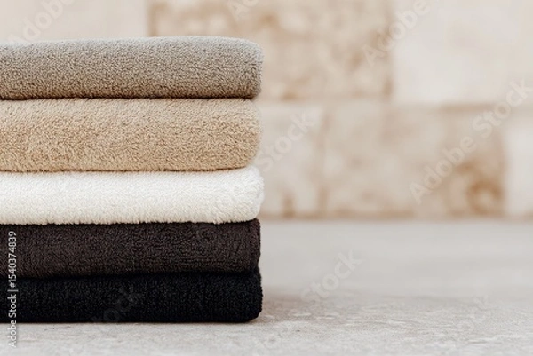 Fototapeta A collection of four luxurious towels arranged in a neat stack, showcasing shades of beige, white, and dark gray. The soft texture and minimalist setting create a sense of tranquility.