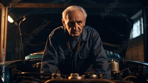 Fototapeta An elderly mechanic examines an engine in a dimly lit garage.