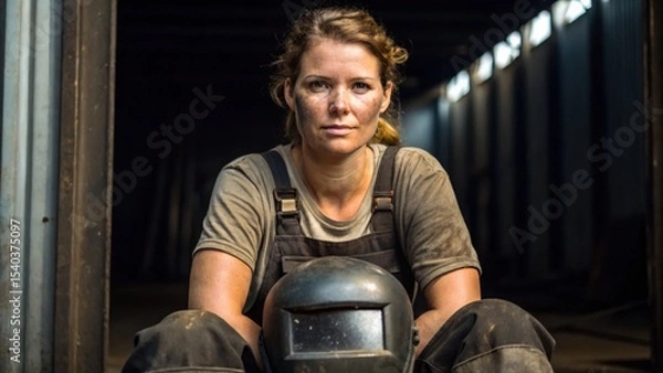 Fototapeta A determined woman in work attire sits with a welding helmet, showcasing her strength and resilience.