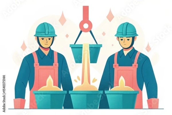 Fototapeta Illustration of workers pouring molten material from buckets.