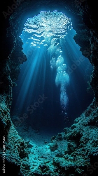 Obraz Light filters through the waters surface into an underwater cave, creating a stunning contrast against the dark surroundings. Bubbles rise as a diver explores the coral-rich landscape.