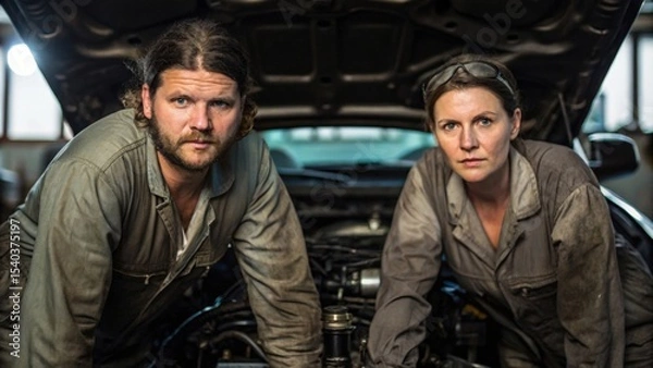 Fototapeta Two mechanics working on a car engine in an industrial setting.