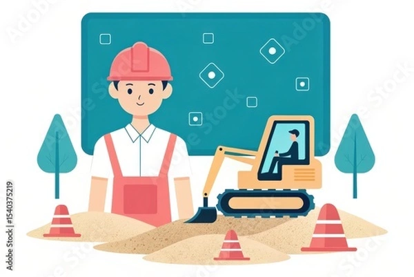 Fototapeta Construction worker with an excavator in a cartoon landscape setting.