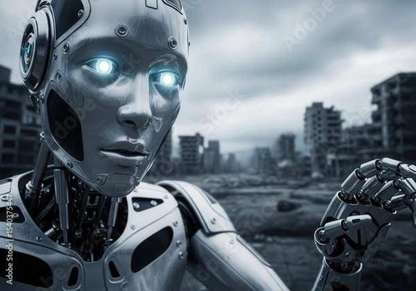 Obraz Futuristic robot exploring abandoned cityscape