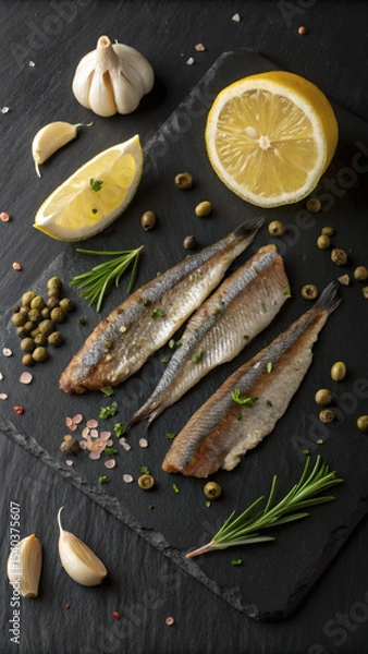Fototapeta FlatLay with Mediterranean Anchovy Fillets, Capers, Garlic and Lemon on Slate
