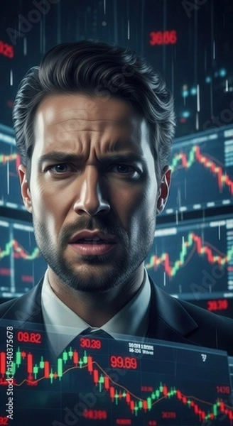 Obraz Stock market turmoil: concerned businessman analyzing fluctuating graphs