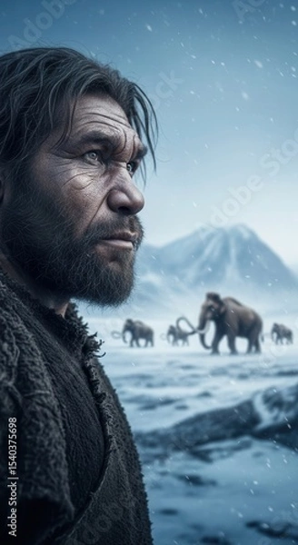 Obraz Prehistoric man in snowy landscape with mammoths in background