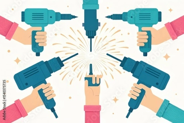 Fototapeta Hands holding drills creating sparks in a vibrant, illustrative composition.