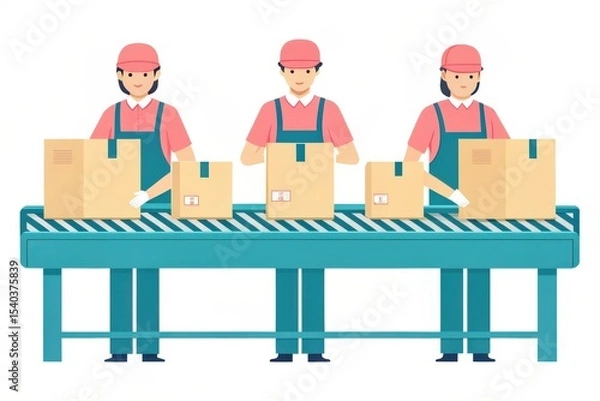 Fototapeta Three workers sorting packages on a conveyor belt in a warehouse setting.