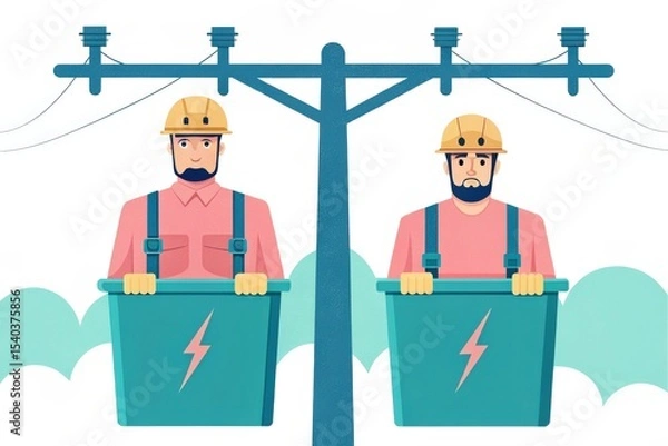 Fototapeta Two workers in buckets fixing power lines, wearing helmets and safety gear.