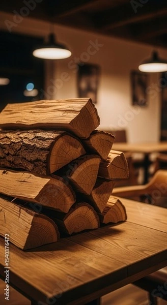 Obraz Cozy restaurant interior with stacked firewood as rustic decor