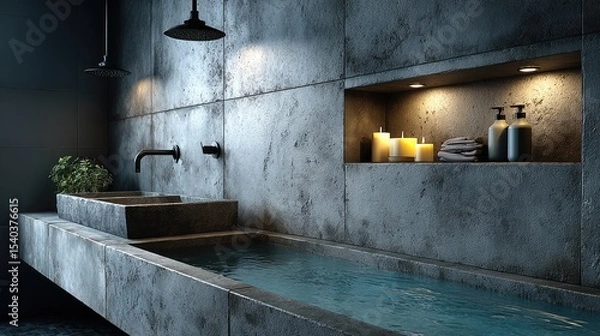 Fototapeta Modern shower setup with dual heads and sleek shelving, minimalist design with subtle reflections
