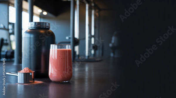 Fototapeta strawberry protein drink and supplement powder tub in a gym setting