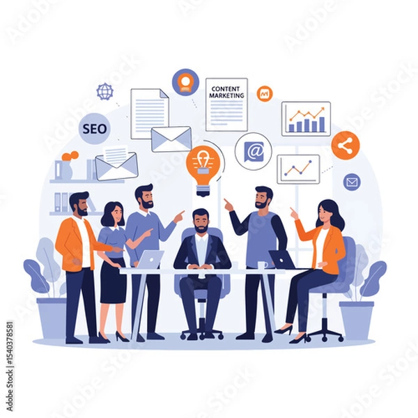 Obraz Digital marketing team brainstorming with SEO, content, and email campaign flat icons floating around