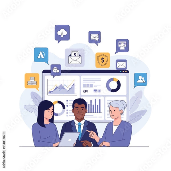 Fototapeta Group of people analyzing business data on tablet and dashboard charts, surrounded by digital icons