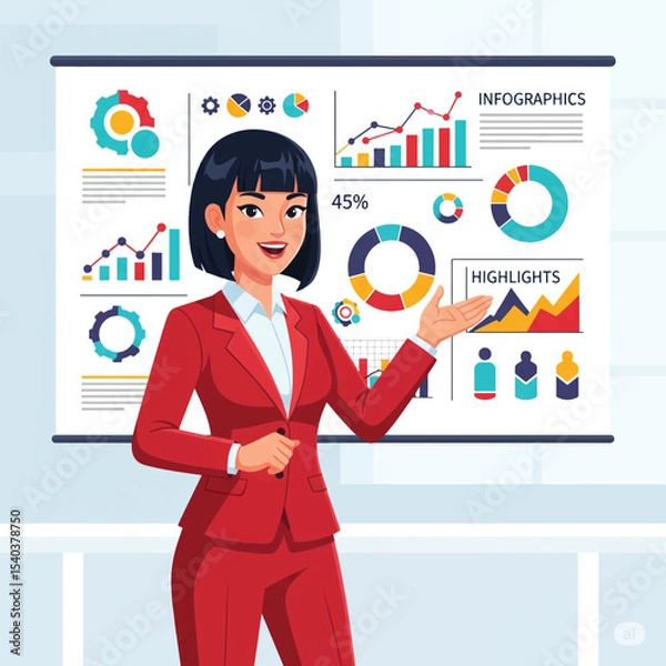 Fototapeta Businesswoman giving a pitch presentation with infographic elements, animated-style flat vector illustration