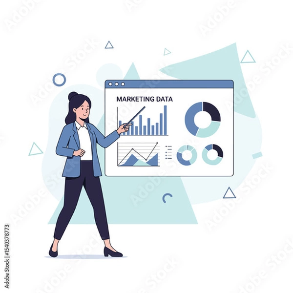 Obraz Young entrepreneur presenting data charts in front of a large screen, minimal marketing style flat design illustration